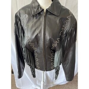 Leather Fringe Jacket Studded‎ USA Bikers Dream Apparel Black Western